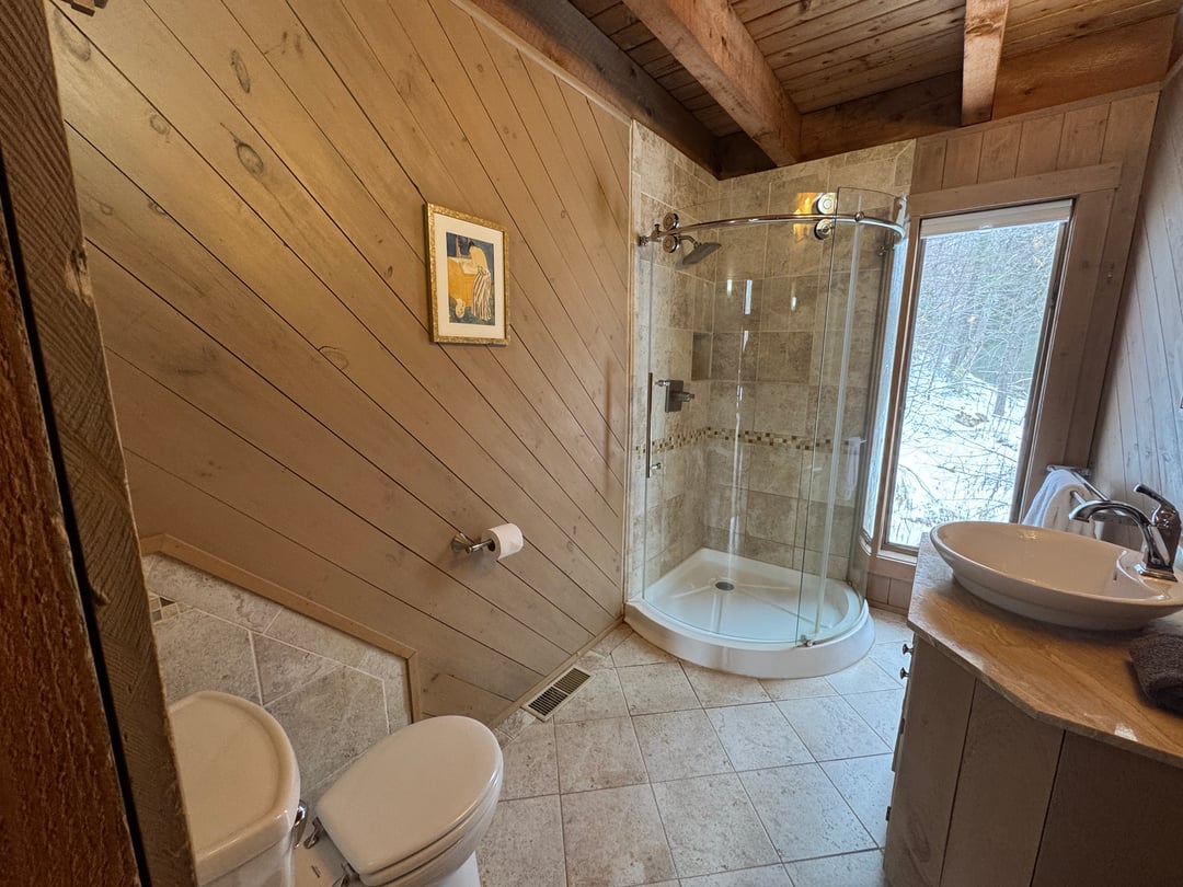 Bathroom 1: Corner glass shower, vessel sink on pine vanity, window to woods