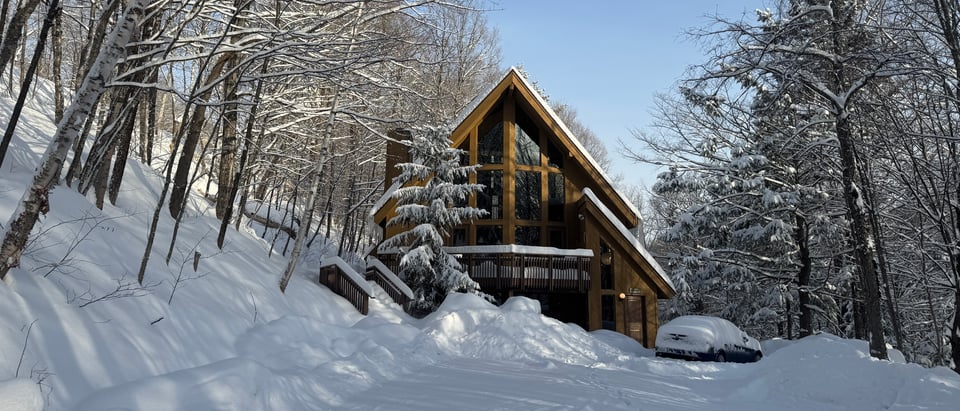 The snowy drive up to the A-frame through birch and hemlock.