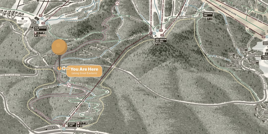 Killington trail map with a pin on Great Eastern above the Skyeship base.